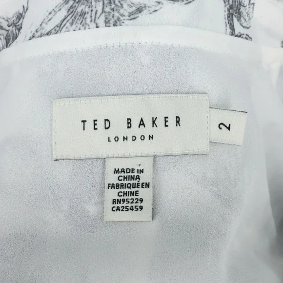 Ted Baker 2 Dress Womens 6 White Black Floral Ruffles Chiffon Tie Waist Lined - Picture 14 of 16